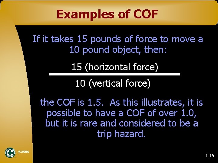 Examples of COF If it takes 15 pounds of force to move a 10