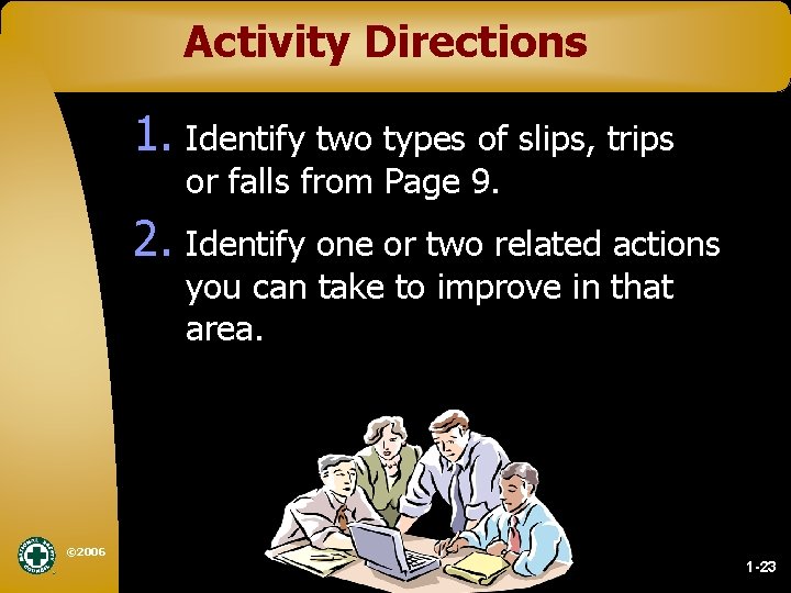 Activity Directions 1. Identify two types of slips, trips or falls from Page 9.