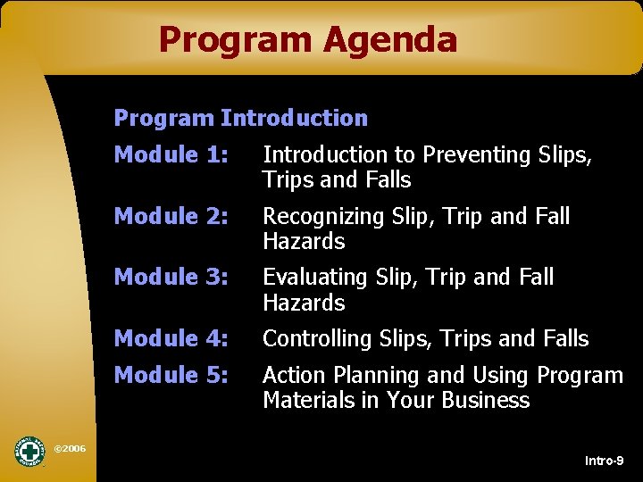 Program Agenda Program Introduction Module 1: Introduction to Preventing Slips, Trips and Falls Module