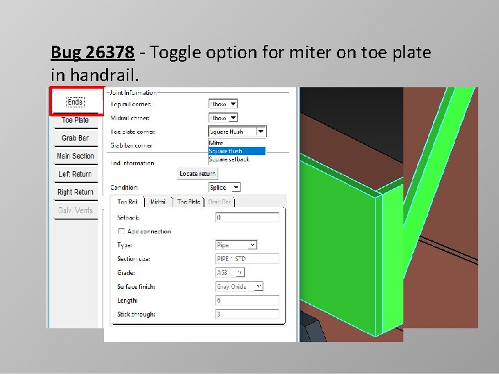 Bug 26378 - Toggle option for miter on toe plate in handrail. 