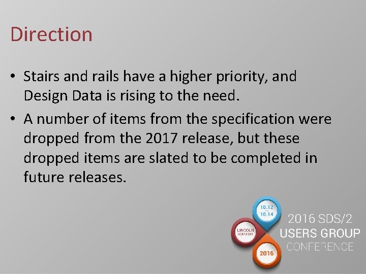 Direction • Stairs and rails have a higher priority, and Design Data is rising