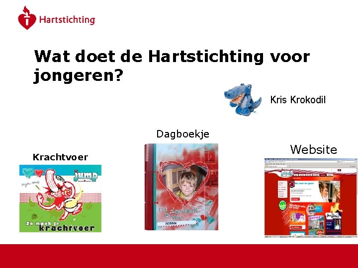 Wat doet de Hartstichting voor jongeren? Kris Krokodil Dagboekje Krachtvoer Website 