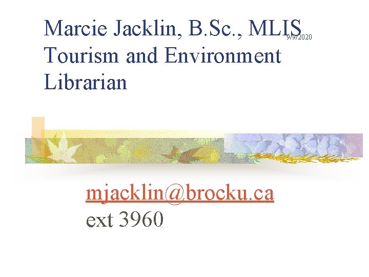 Marcie Jacklin, B. Sc. , MLIS Tourism and Environment Librarian 9/9/2020 mjacklin@brocku. ca ext