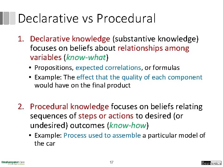 Declarative vs Procedural 1. Declarative knowledge (substantive knowledge) focuses on beliefs about relationships among Declarative vs Procedural 1. Declarative knowledge (substantive knowledge) focuses on beliefs about relationships among
