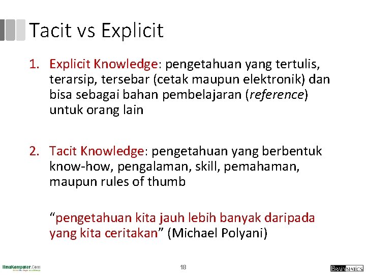Tacit vs Explicit 1. Explicit Knowledge: pengetahuan yang tertulis, terarsip, tersebar (cetak maupun elektronik) Tacit vs Explicit 1. Explicit Knowledge: pengetahuan yang tertulis, terarsip, tersebar (cetak maupun elektronik)