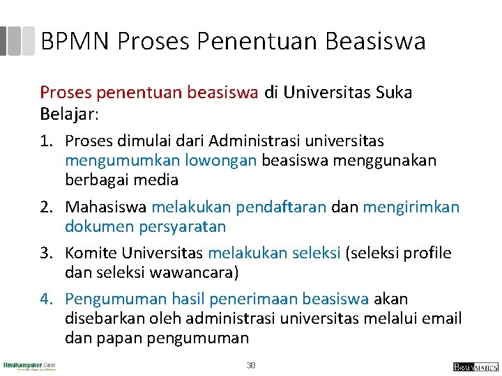 BPMN Proses Penentuan Beasiswa Proses penentuan beasiswa di Universitas Suka Belajar: 1. Proses dimulai BPMN Proses Penentuan Beasiswa Proses penentuan beasiswa di Universitas Suka Belajar: 1. Proses dimulai