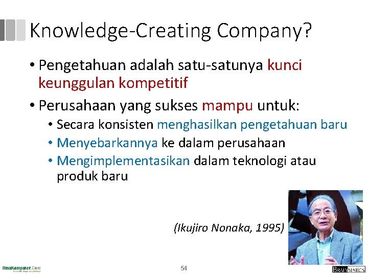 Knowledge-Creating Company? • Pengetahuan adalah satu-satunya kunci keunggulan kompetitif • Perusahaan yang sukses mampu Knowledge-Creating Company? • Pengetahuan adalah satu-satunya kunci keunggulan kompetitif • Perusahaan yang sukses mampu