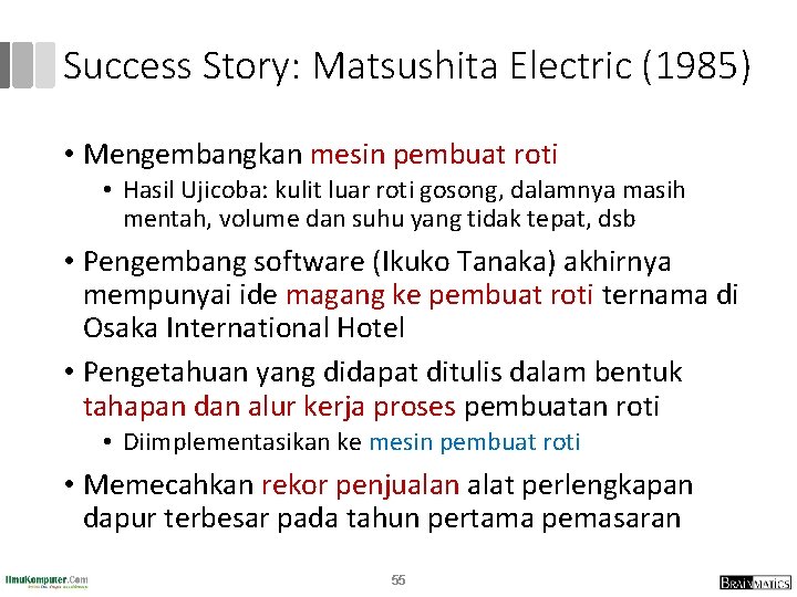 Success Story: Matsushita Electric (1985) • Mengembangkan mesin pembuat roti • Hasil Ujicoba: kulit Success Story: Matsushita Electric (1985) • Mengembangkan mesin pembuat roti • Hasil Ujicoba: kulit