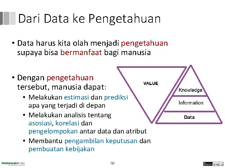 Dari Data ke Pengetahuan • Data harus kita olah menjadi pengetahuan supaya bisa bermanfaat Dari Data ke Pengetahuan • Data harus kita olah menjadi pengetahuan supaya bisa bermanfaat