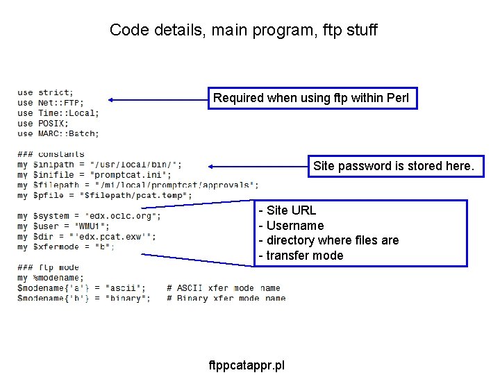 Code details, main program, ftp stuff Required when using ftp within Perl Site password Code details, main program, ftp stuff Required when using ftp within Perl Site password