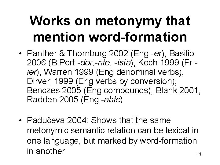 Works on metonymy that mention word-formation • Panther & Thornburg 2002 (Eng -er), Basilio