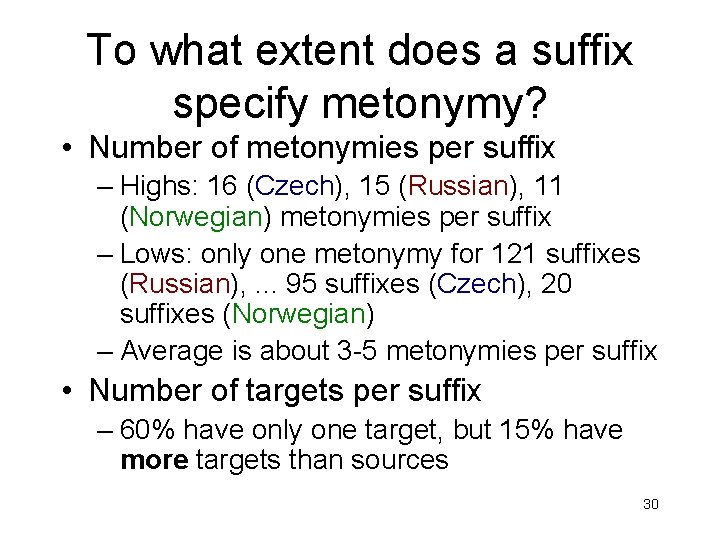 To what extent does a suffix specify metonymy? • Number of metonymies per suffix