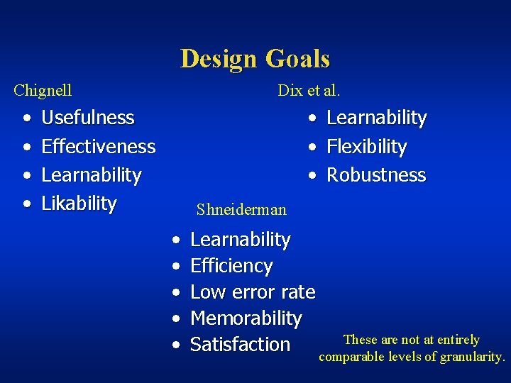 Design Goals Chignell • • Dix et al. • • • Usefulness Effectiveness Learnability