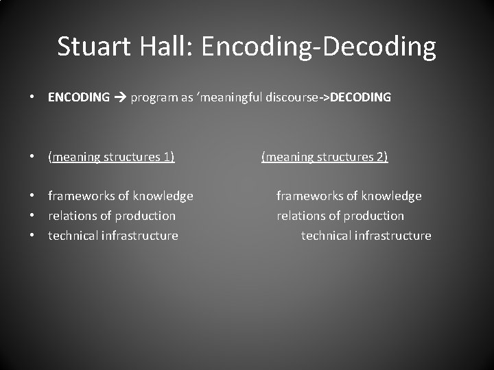Stuart Hall: Encoding-Decoding • ENCODING program as ‘meaningful discourse->DECODING • (meaning structures 1) (meaning