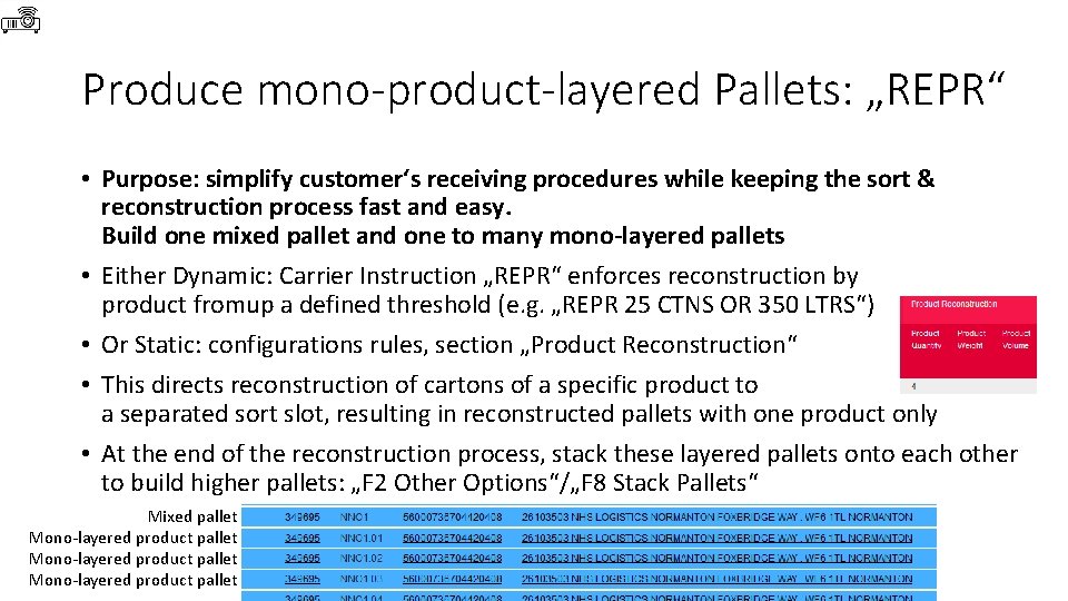 Produce mono-product-layered Pallets: „REPR“ • Purpose: simplify customer‘s receiving procedures while keeping the sort