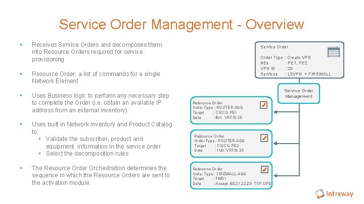 Service Order Management - Overview • Receives Service Orders and decomposes them into Resource Service Order Management - Overview • Receives Service Orders and decomposes them into Resource