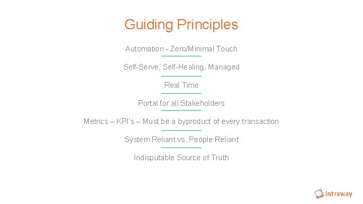 Guiding Principles Automation - Zero/Minimal Touch Self-Serve, Self-Healing, Managed Real Time Portal for all Guiding Principles Automation - Zero/Minimal Touch Self-Serve, Self-Healing, Managed Real Time Portal for all