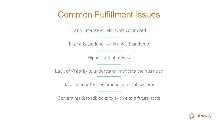 Common Fulfillment Issues Labor Intensive - Not Cost Optimized Intervals too long vs. Market Common Fulfillment Issues Labor Intensive - Not Cost Optimized Intervals too long vs. Market
