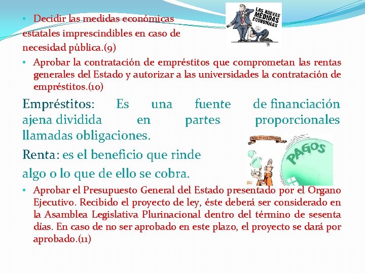  • Decidir las medidas económicas estatales imprescindibles en caso de necesidad pública. (9)