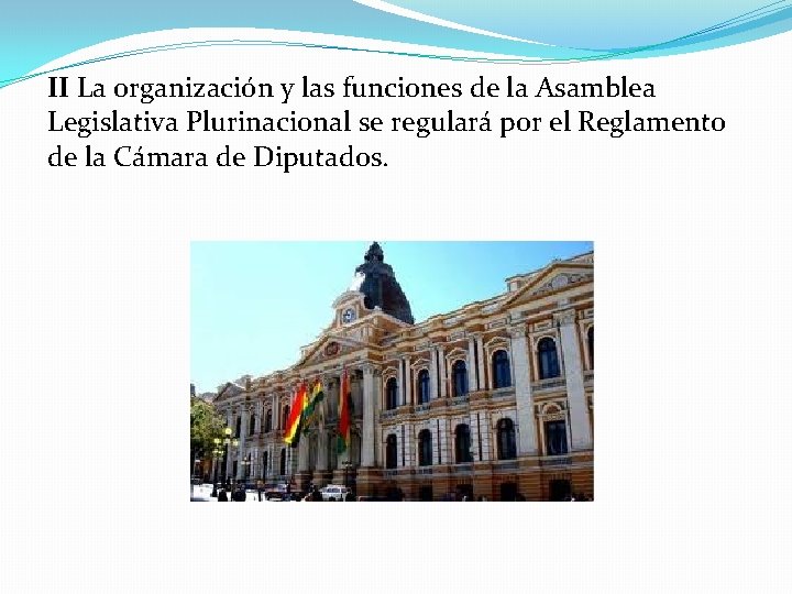 II La organización y las funciones de la Asamblea Legislativa Plurinacional se regulará por