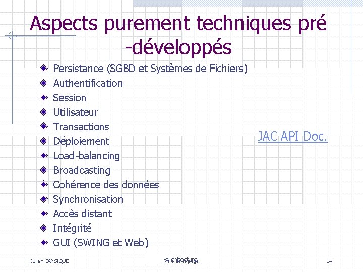Aspects purement techniques pré -développés Persistance (SGBD et Systèmes de Fichiers) Authentification Session Utilisateur Aspects purement techniques pré -développés Persistance (SGBD et Systèmes de Fichiers) Authentification Session Utilisateur