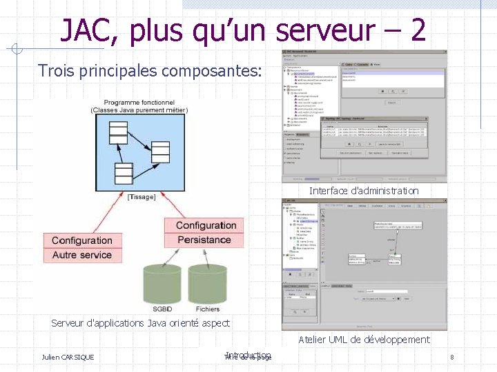 JAC, plus qu’un serveur – 2 Trois principales composantes: Interface d'administration Serveur d'applications Java JAC, plus qu’un serveur – 2 Trois principales composantes: Interface d'administration Serveur d'applications Java