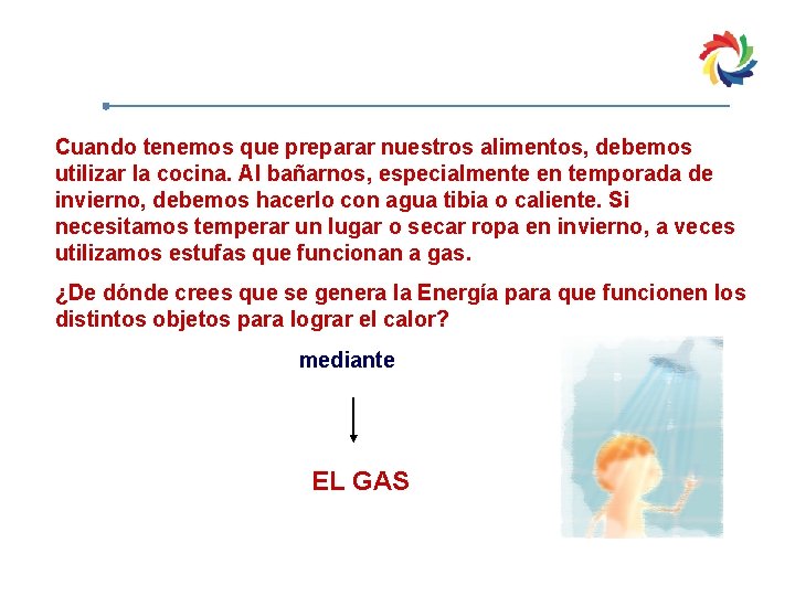 Cuando tenemos que preparar nuestros alimentos, debemos utilizar la cocina. Al bañarnos, especialmente en