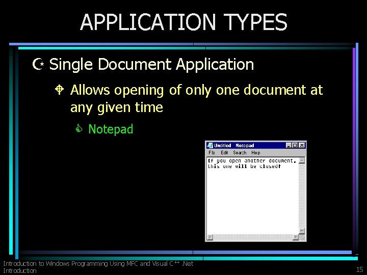 APPLICATION TYPES Z Single Document Application W Allows opening of only one document at