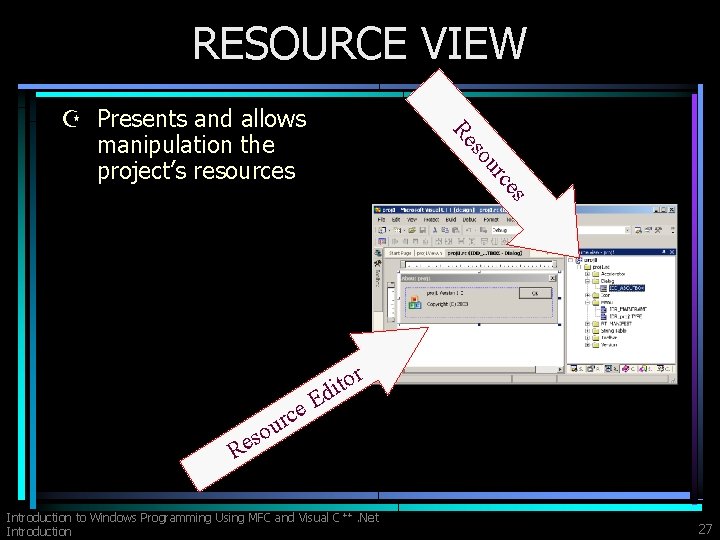 RESOURCE VIEW ou s Re Z Presents and allows manipulation the project’s resources s