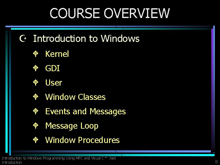 COURSE OVERVIEW Z Introduction to Windows W Kernel W GDI W User W Window