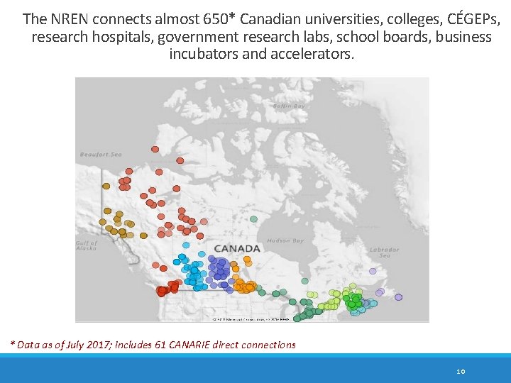 The NREN connects almost 650* Canadian universities, colleges, CÉGEPs, research hospitals, government research labs,