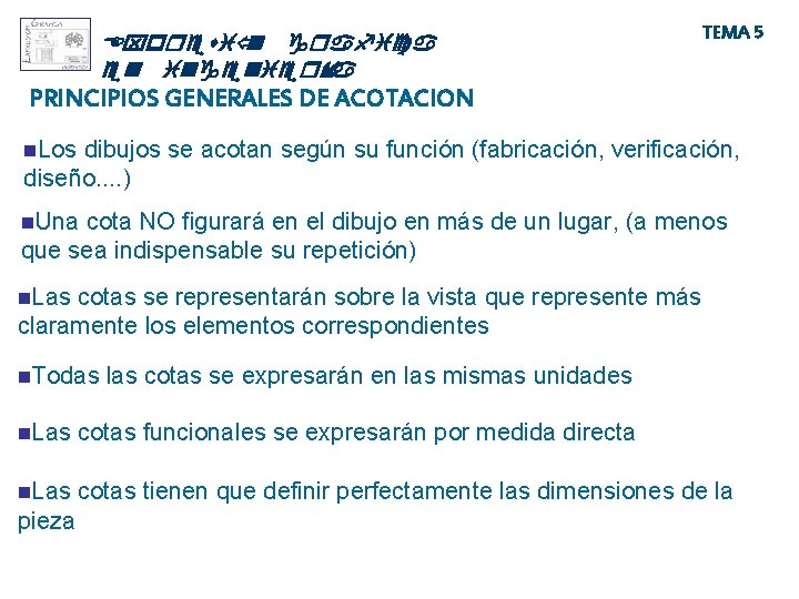 Expresió n grafica en ingeniería TEMA 5 PRINCIPIOS GENERALES DE ACOTACION n. Los dibujos Expresió n grafica en ingeniería TEMA 5 PRINCIPIOS GENERALES DE ACOTACION n. Los dibujos