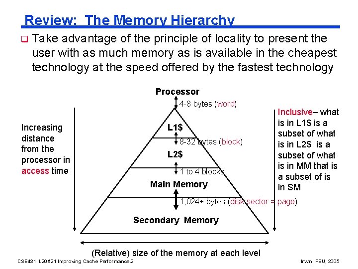 Review: The Memory Hierarchy q Take advantage of the principle of locality to present