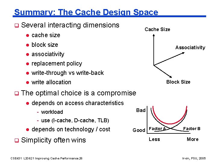 Summary: The Cache Design Space q q Several interacting dimensions l cache size l