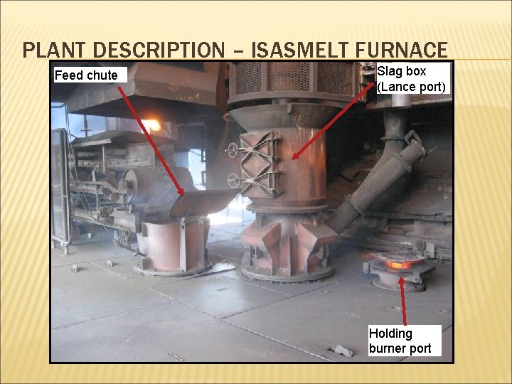PLANT DESCRIPTION – ISASMELT FURNACE Feed chute Slag box (Lance port) Holding burner port