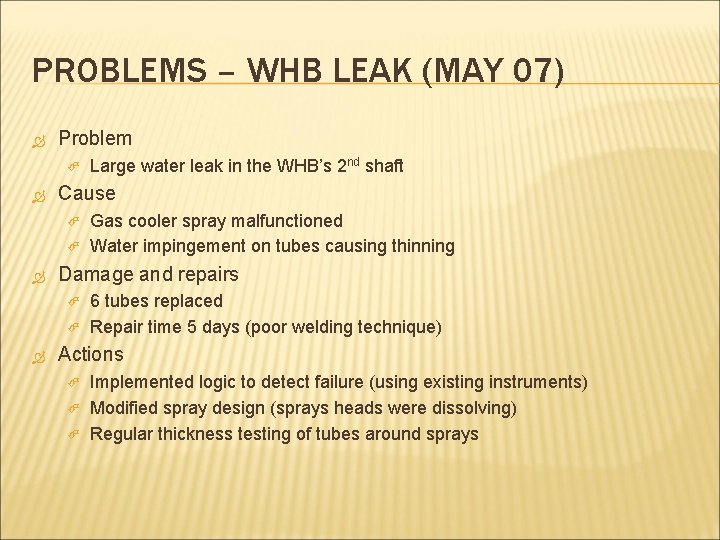 PROBLEMS – WHB LEAK (MAY 07) Problem Cause Gas cooler spray malfunctioned Water impingement