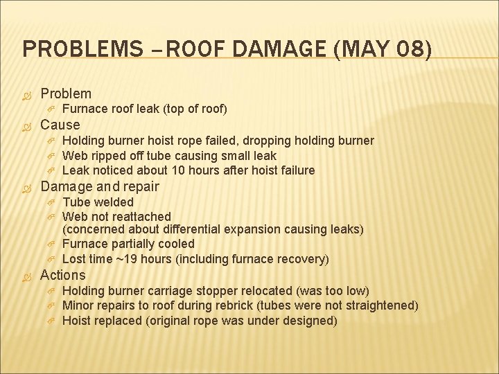 PROBLEMS –ROOF DAMAGE (MAY 08) Problem Cause Holding burner hoist rope failed, dropping holding