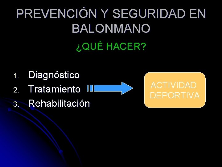 PREVENCIÓN Y SEGURIDAD EN BALONMANO ¿QUÉ HACER? 1. 2. 3. Diagnóstico Tratamiento Rehabilitación ACTIVIDAD