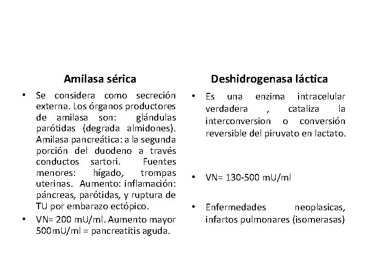 Amilasa sérica Deshidrogenasa láctica • Se considera como secreción externa. Los órganos productores de