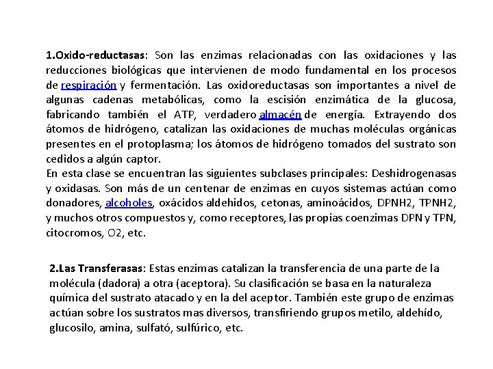 1. Oxido-reductasas: Son las enzimas relacionadas con las oxidaciones y las reducciones biológicas que