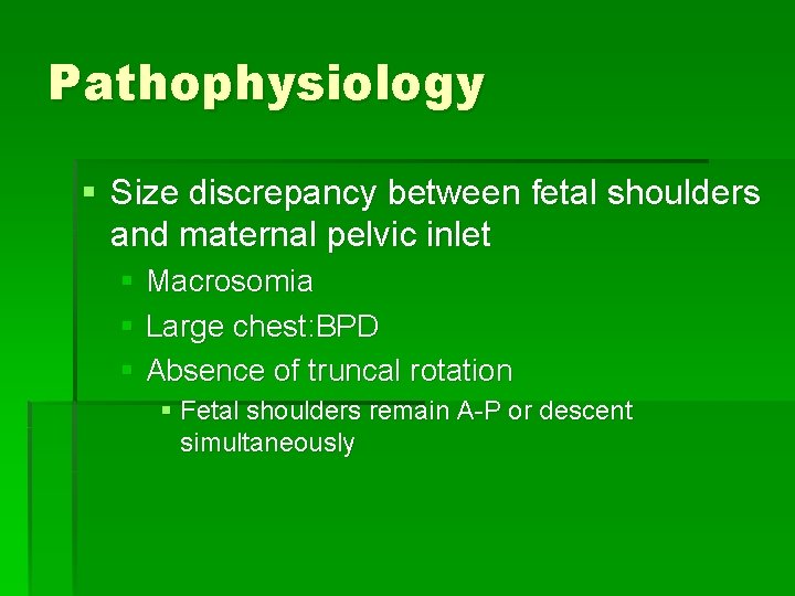 Pathophysiology § Size discrepancy between fetal shoulders and maternal pelvic inlet § Macrosomia §