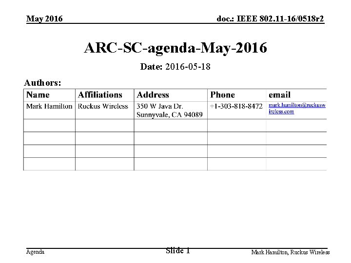 May 2016 doc. : IEEE 802. 11 -16/0518 r 2 ARC-SC-agenda-May-2016 Date: 2016 -05