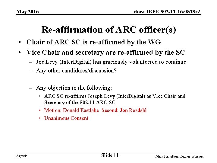 May 2016 doc. : IEEE 802. 11 -16/0518 r 2 Re-affirmation of ARC officer(s)