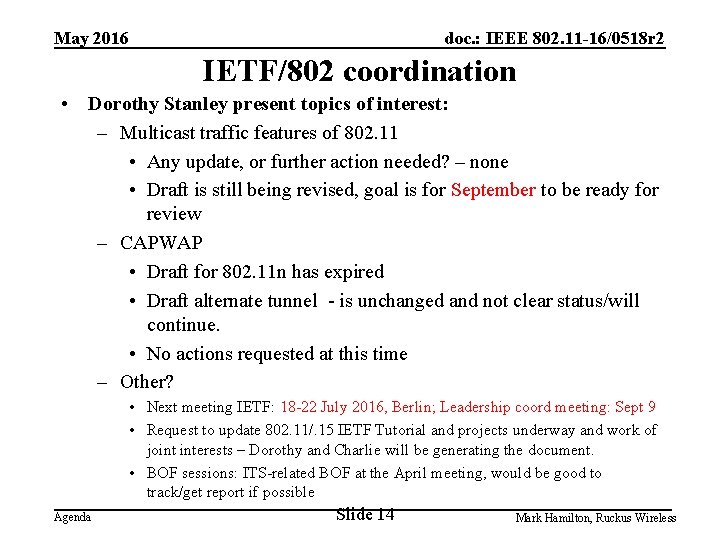 May 2016 doc. : IEEE 802. 11 -16/0518 r 2 IETF/802 coordination • Dorothy