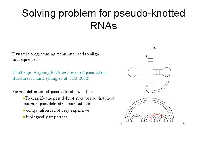 Solving problem for pseudo-knotted RNAs Dynamic programming technique used to align subsequences. Challenge: Aligning