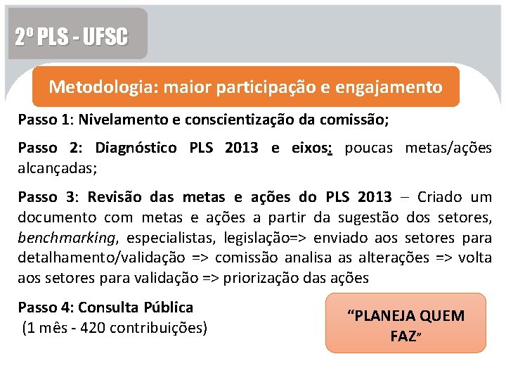 2º PLS - UFSC Metodologia: maior participação e engajamento Passo 1: Nivelamento e conscientização