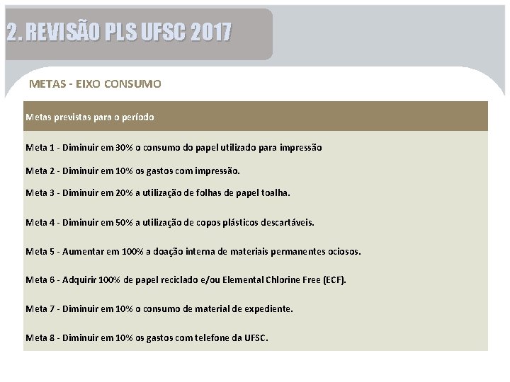 2. REVISÃO PLS UFSC 2017 METAS - EIXO CONSUMO Metas previstas para o período