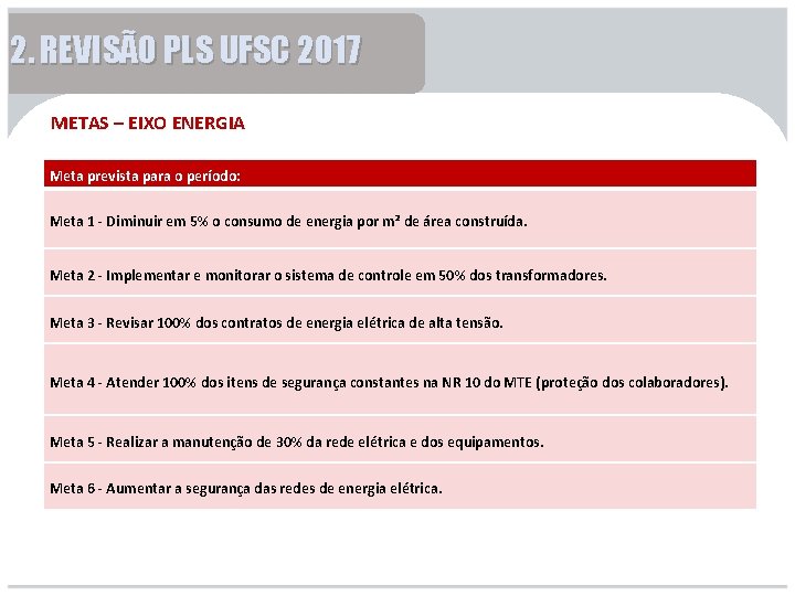 2. REVISÃO PLS UFSC 2017 METAS – EIXO ENERGIA Meta prevista para o período: