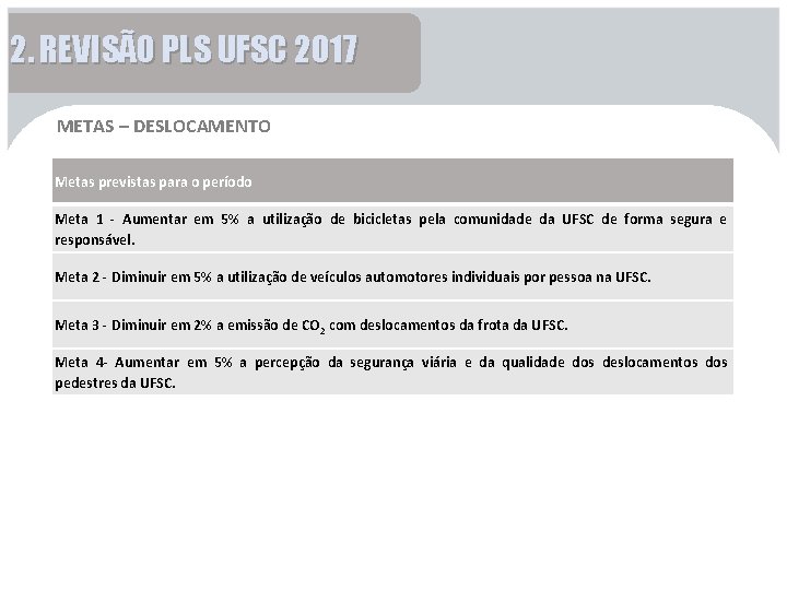 2. REVISÃO PLS UFSC 2017 METAS – DESLOCAMENTO Metas previstas para o período Meta