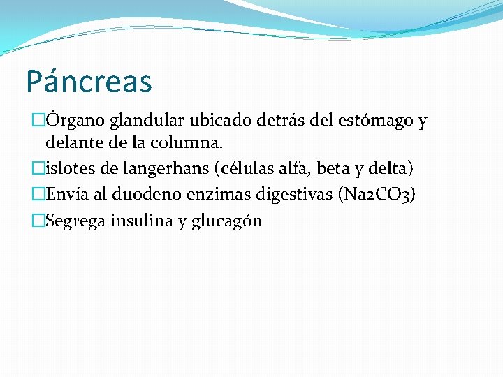 Páncreas �Órgano glandular ubicado detrás del estómago y delante de la columna. �islotes de